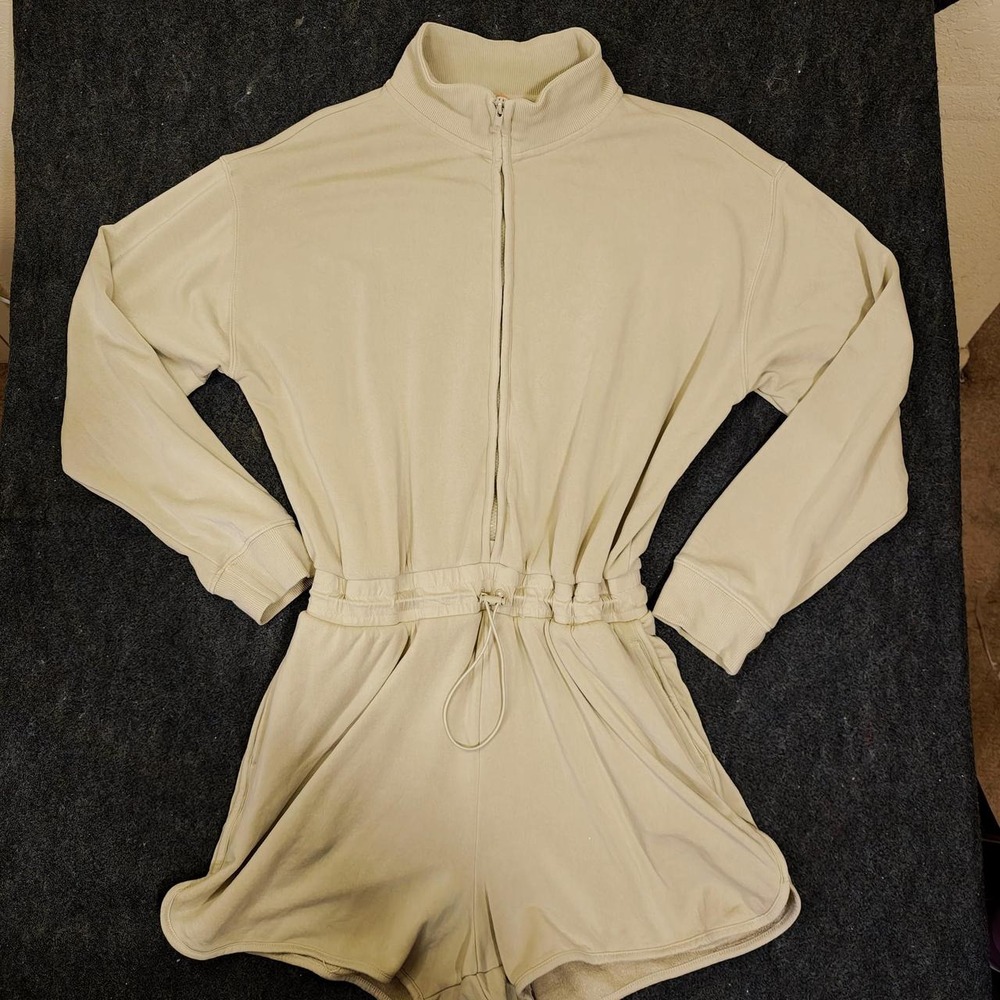 Mono B Cream Tencel Blend Long Sleeve Zip Up Romper Jumpsuit KPS12267 L